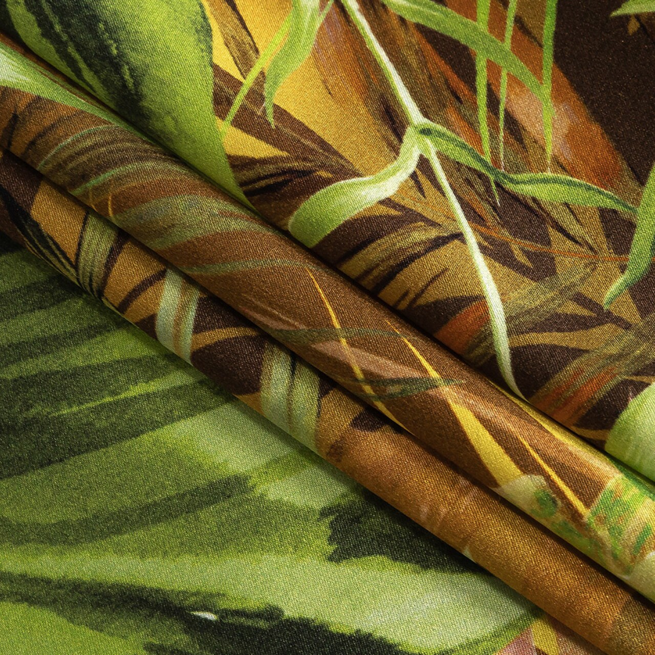 1 Yard Italian Green and Mustard Ferns and Foliage Digitally Printed Silk Charmeuse Fabric 53 inch Width